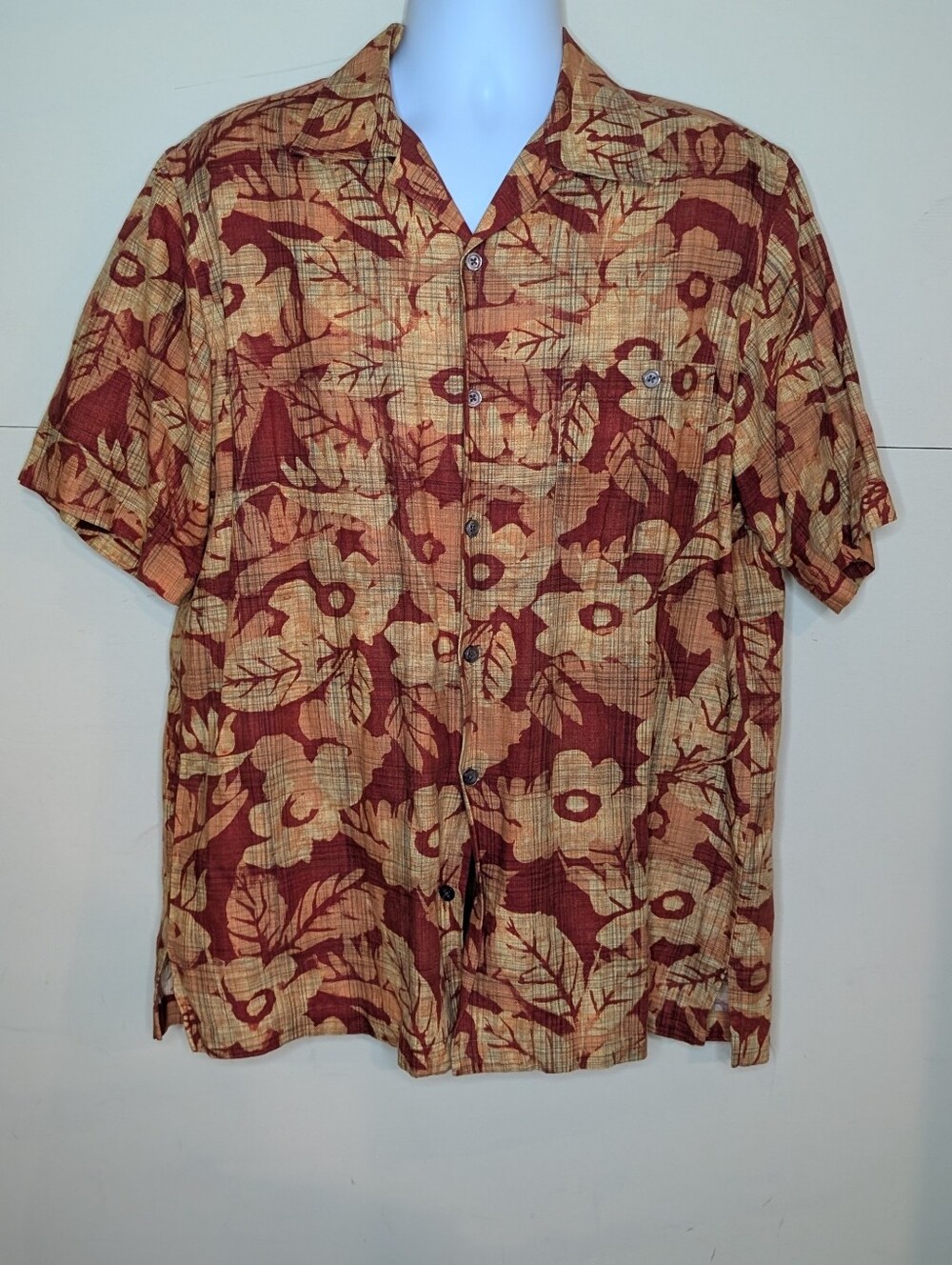VTG Talbots Tropical Print Button Down Shirt Red And Orange Cotton Linen Blend